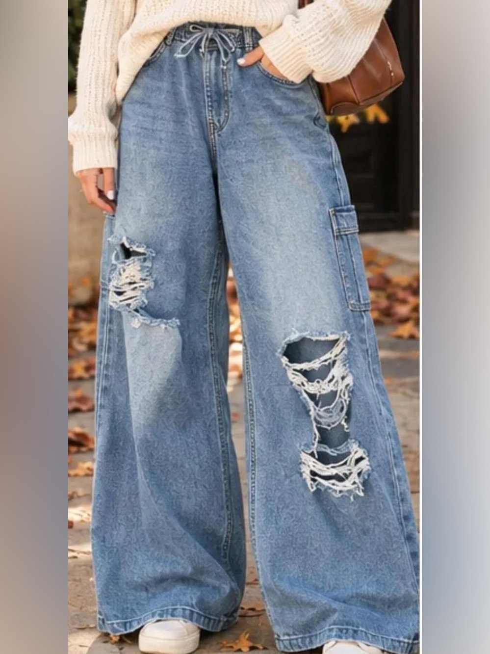 Almost Famous Wide Leg Distressed Elastic Waist Jeans